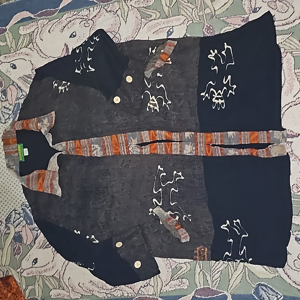 Kusnadi New York open front top linen blend tunic pockets printed lagenlook b24